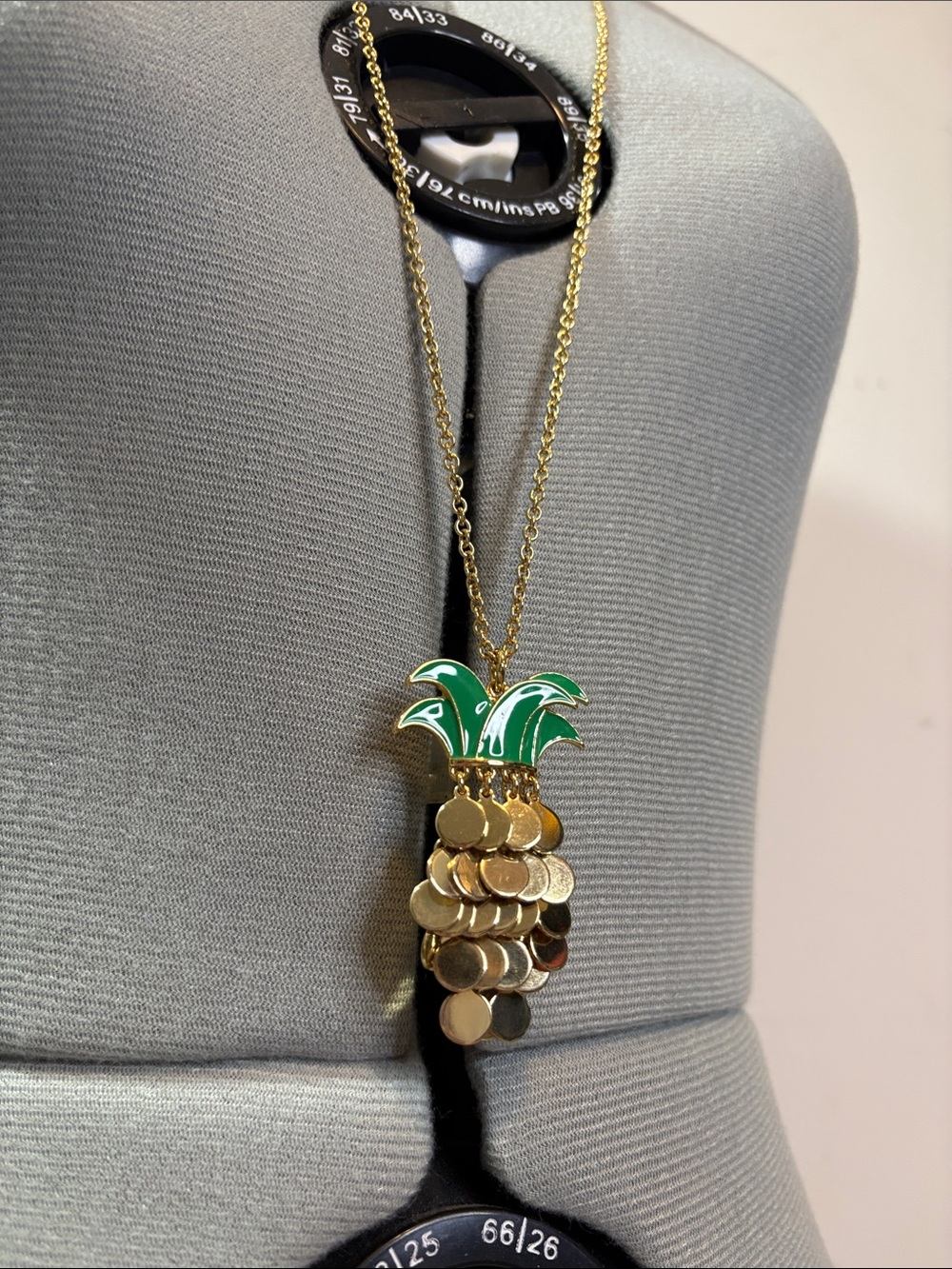 Talbots Pineapple Tassel Gold Coin Medallion Green Enamel Long Pendant Necklace